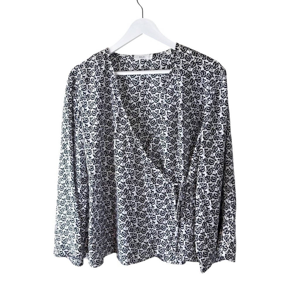 A.L.C. Ray Silk Women's Black White Floral Print Long Sleeve Wrap Blouse Size 4 - Picture 2 of 7
